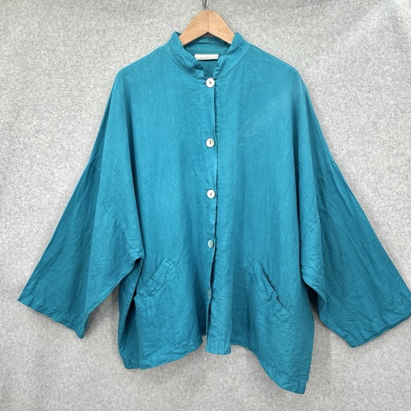 Bryn Walker 100% Linen Jacket Tunic Top Boxy Lagenlook Pockets Teal Size XL - Picture 1 of 7